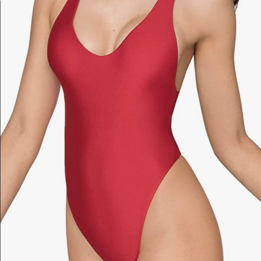 Red high cut 1 piece swimsuit